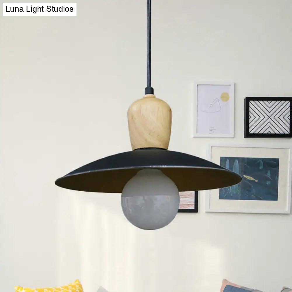 Nordic Flying Saucer Pendant Lamp: Single Bulb Iron Pendulum Light In White/Black-Wood Black