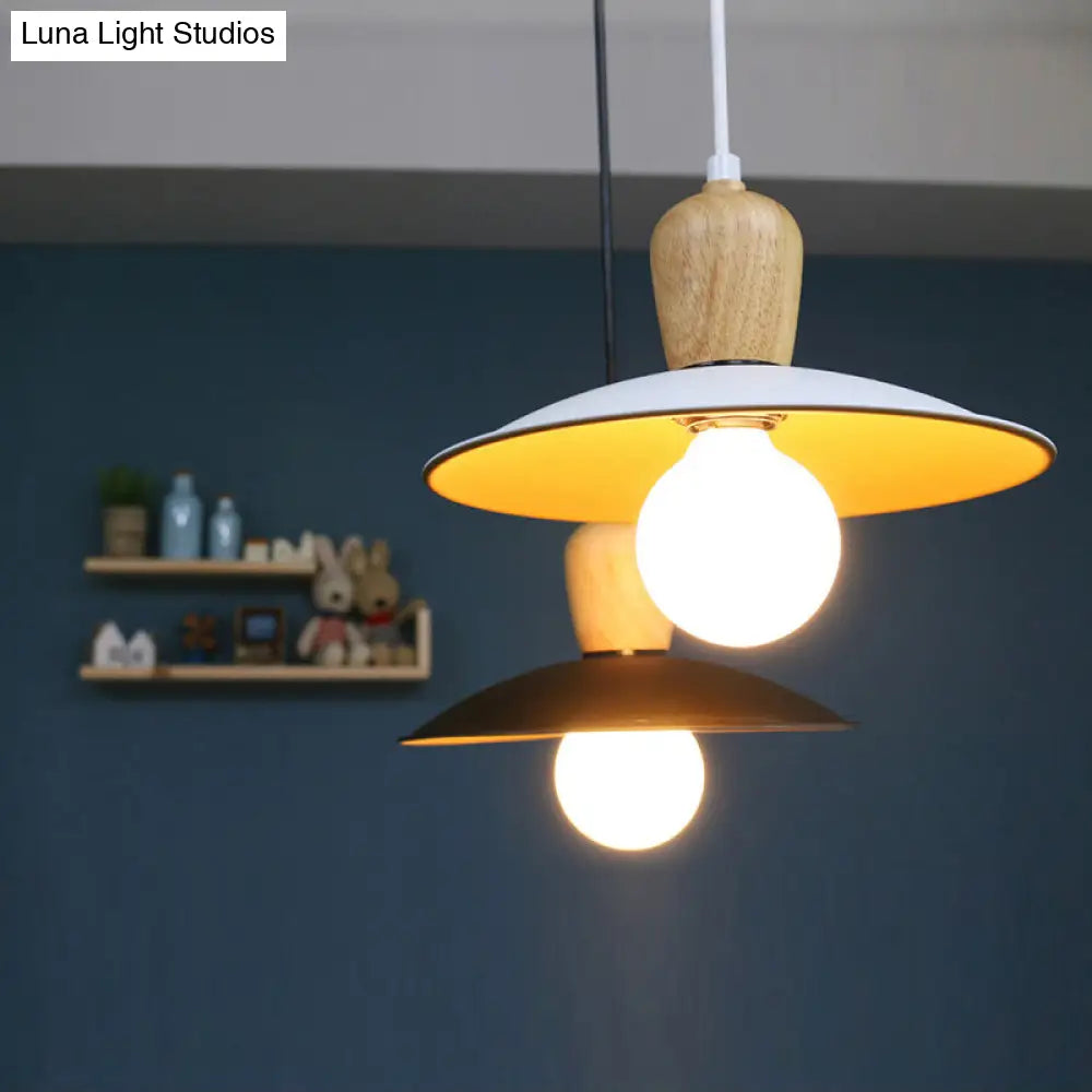 Nordic Flying Saucer Pendant Lamp - Single Bulb Pendulum Light In White/Black-Wood