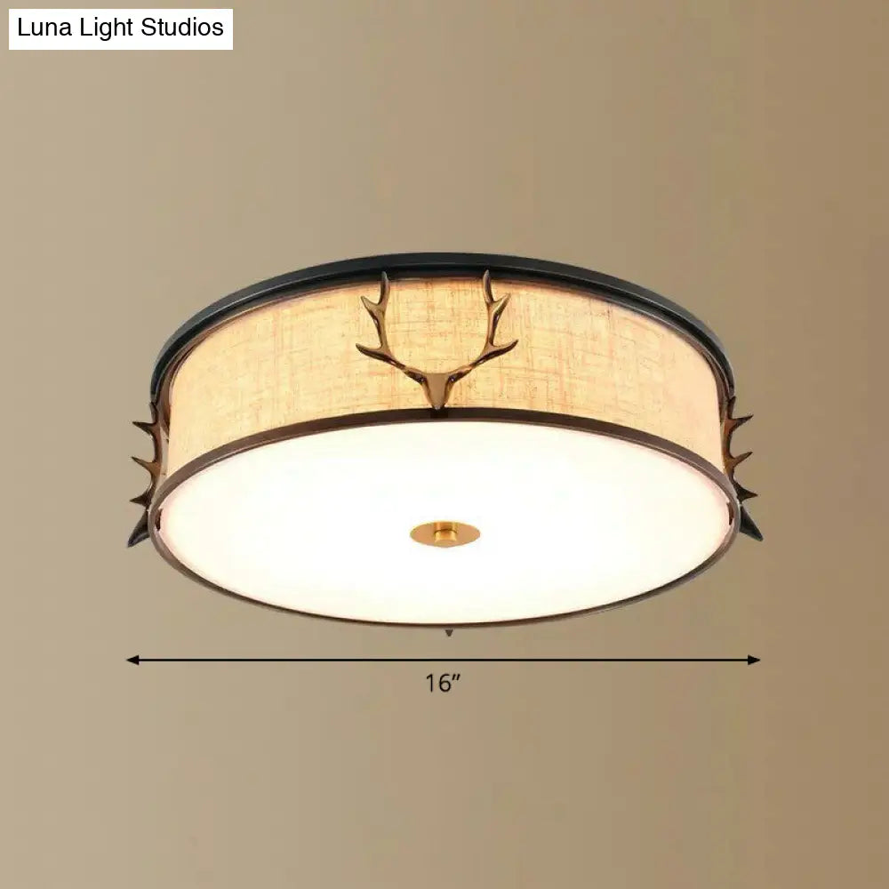 Nordic Foyer Charm: Fabric Drum Flush Mount Ceiling Light With Decorative Antler Accents