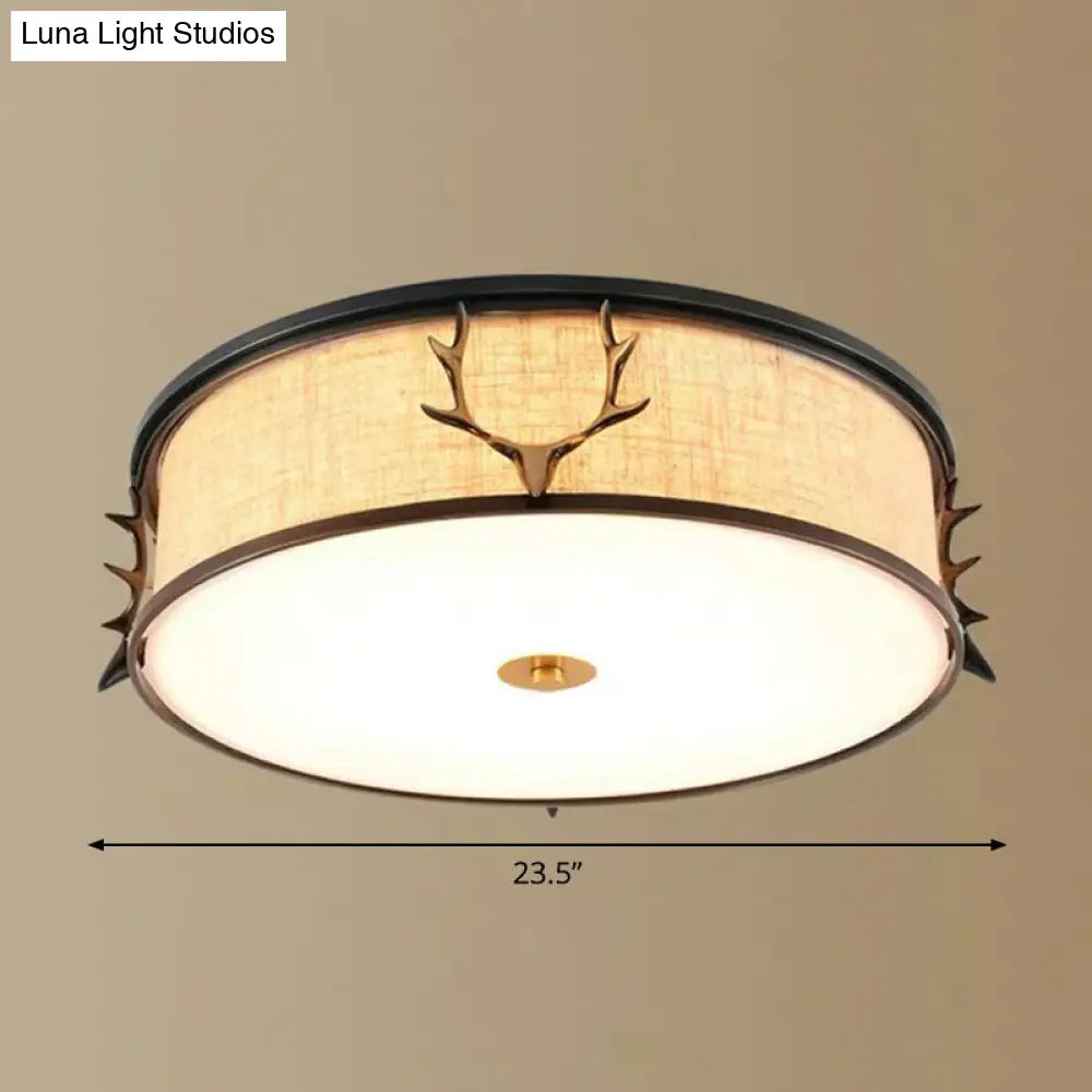 Nordic Foyer Charm: Fabric Drum Flush Mount Ceiling Light With Decorative Antler Accents