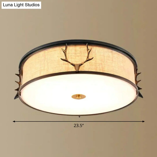 Nordic Foyer Charm: Fabric Drum Flush Mount Ceiling Light With Decorative Antler Accents Black /