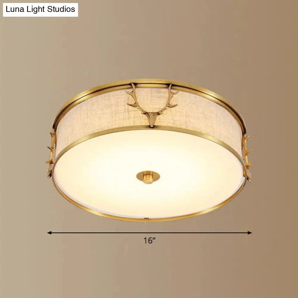 Nordic Foyer Charm: Fabric Drum Flush Mount Ceiling Light With Decorative Antler Accents Brass / 16