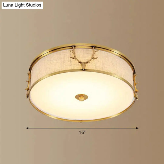 Nordic Foyer Charm: Fabric Drum Flush Mount Ceiling Light With Decorative Antler Accents Brass / 16