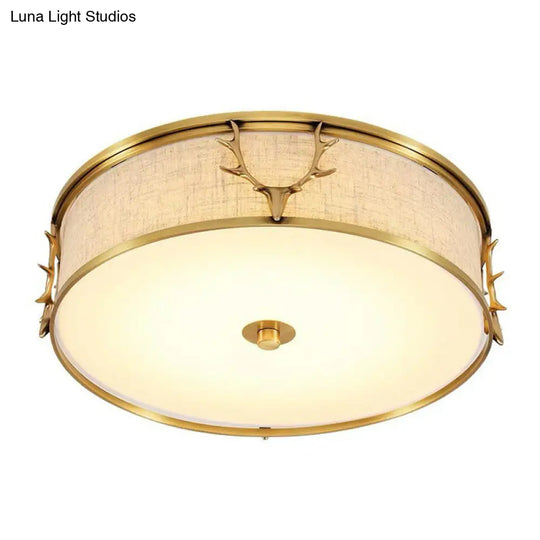 Nordic Foyer Charm: Fabric Drum Flush Mount Ceiling Light With Decorative Antler Accents