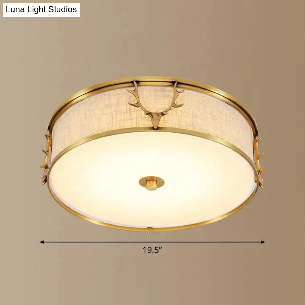 Nordic Foyer Charm: Fabric Drum Flush Mount Ceiling Light With Decorative Antler Accents Brass /