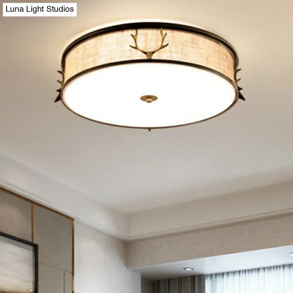 Nordic Foyer Charm: Fabric Drum Flush Mount Ceiling Light With Decorative Antler Accents