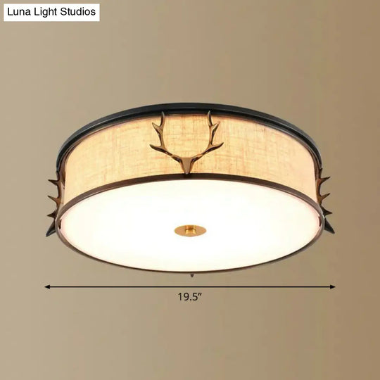 Nordic Foyer Charm: Fabric Drum Flush Mount Ceiling Light With Decorative Antler Accents