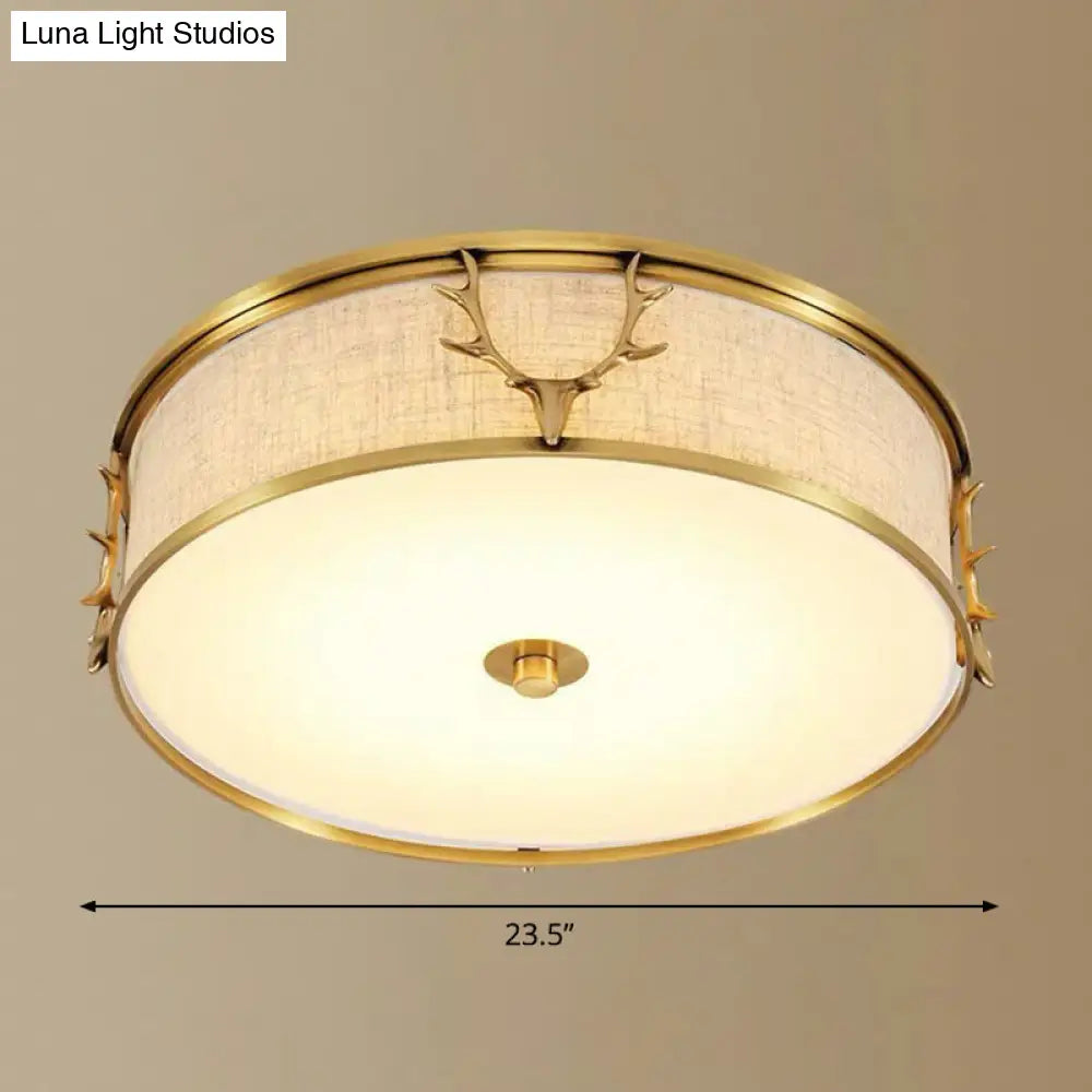 Nordic Foyer Charm: Fabric Drum Flush Mount Ceiling Light With Decorative Antler Accents Brass /