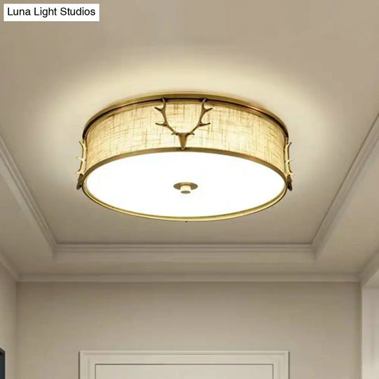 Nordic Foyer Charm: Fabric Drum Flush Mount Ceiling Light With Decorative Antler Accents