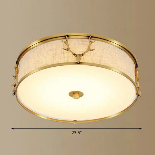 Nordic Foyer Charm: Fabric Drum Flush Mount Ceiling Light With Decorative Antler Accents Brass /