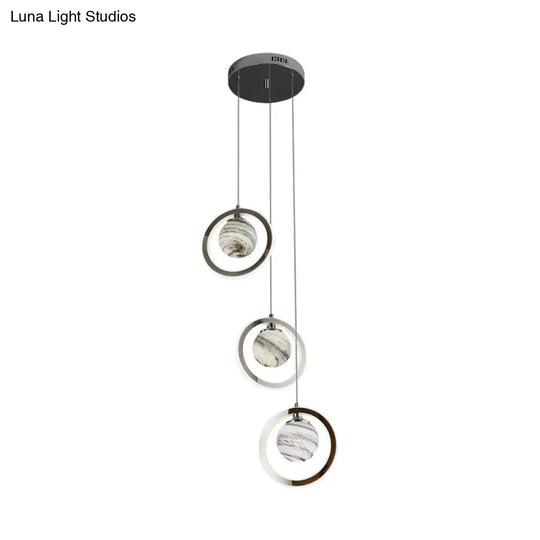 Nordic Frosted Glass Planet Pendant Light Fixture - 3 Chrome Heads Dining Room Hanging Lamp