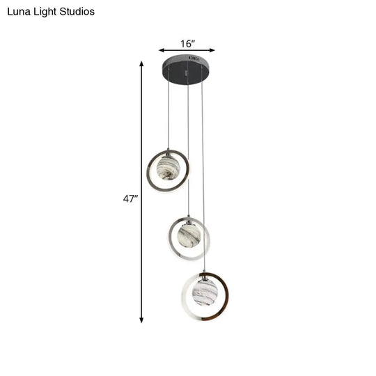 Nordic Frosted Glass Planet Pendant Light Fixture - 3 Chrome Heads Dining Room Hanging Lamp