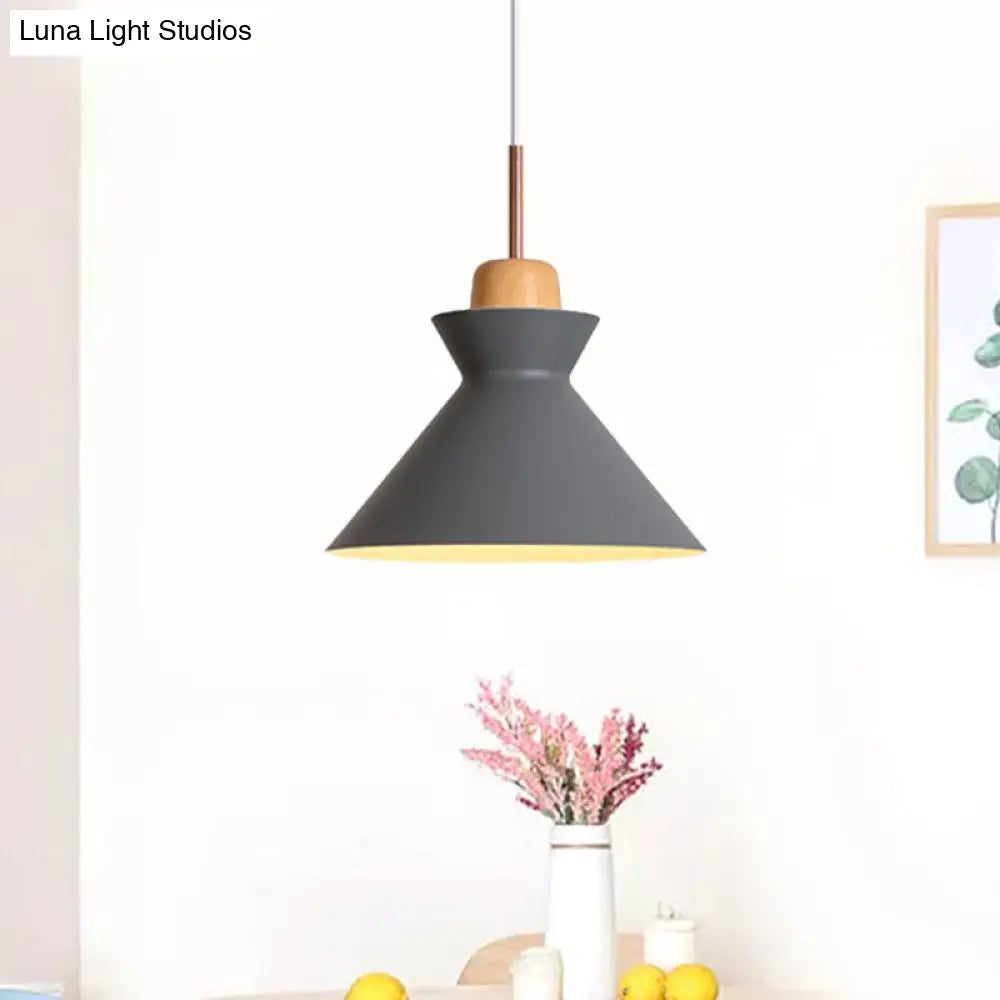 Funnel Suspension Pendant - Grey Nordic Ceiling Lamp With Wood Cork Accent 1 Light Aluminum Design