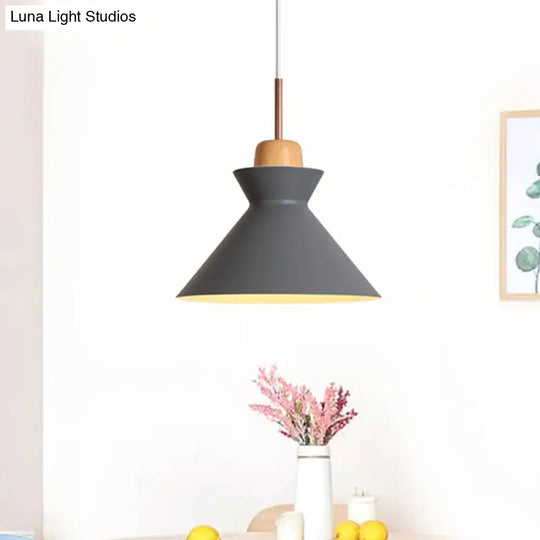 Funnel Suspension Pendant - Grey Nordic Ceiling Lamp With Wood Cork Accent 1 Light Aluminum Design