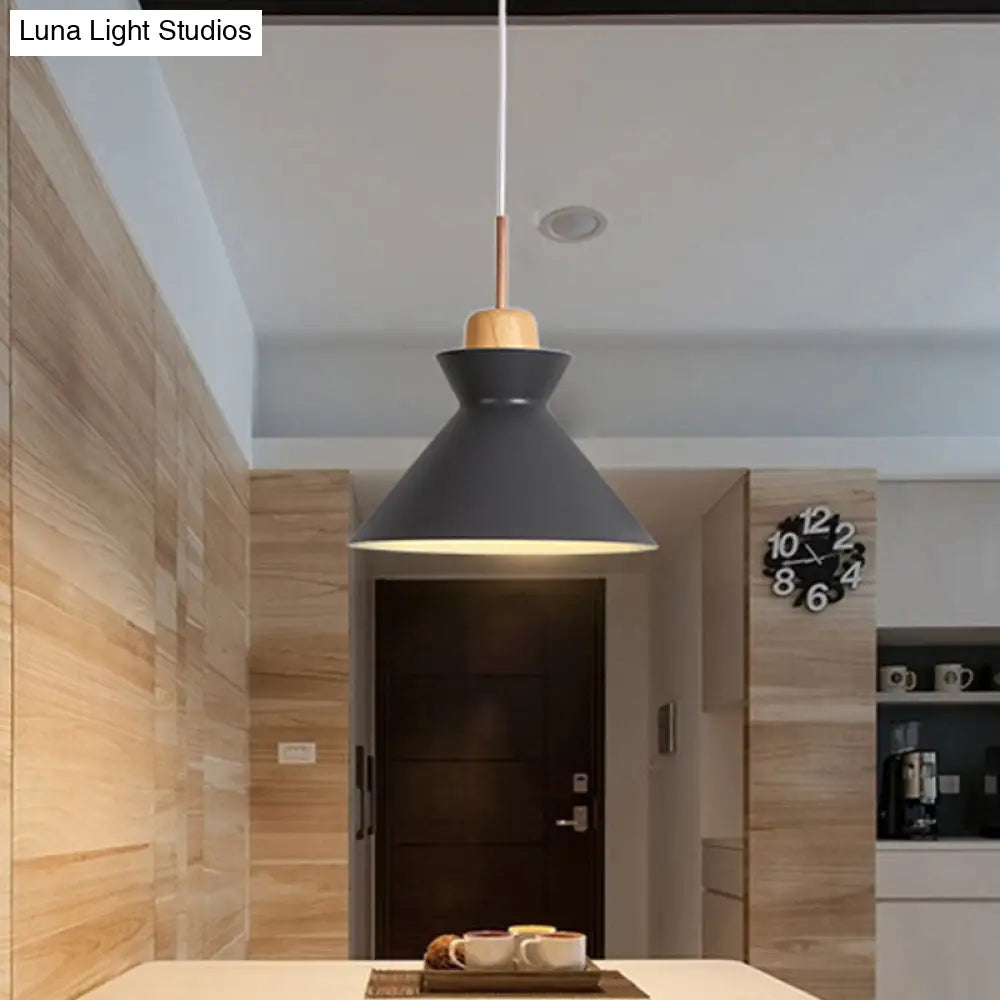 Funnel Suspension Pendant - Grey Nordic Ceiling Lamp With Wood Cork Accent 1 Light Aluminum Design