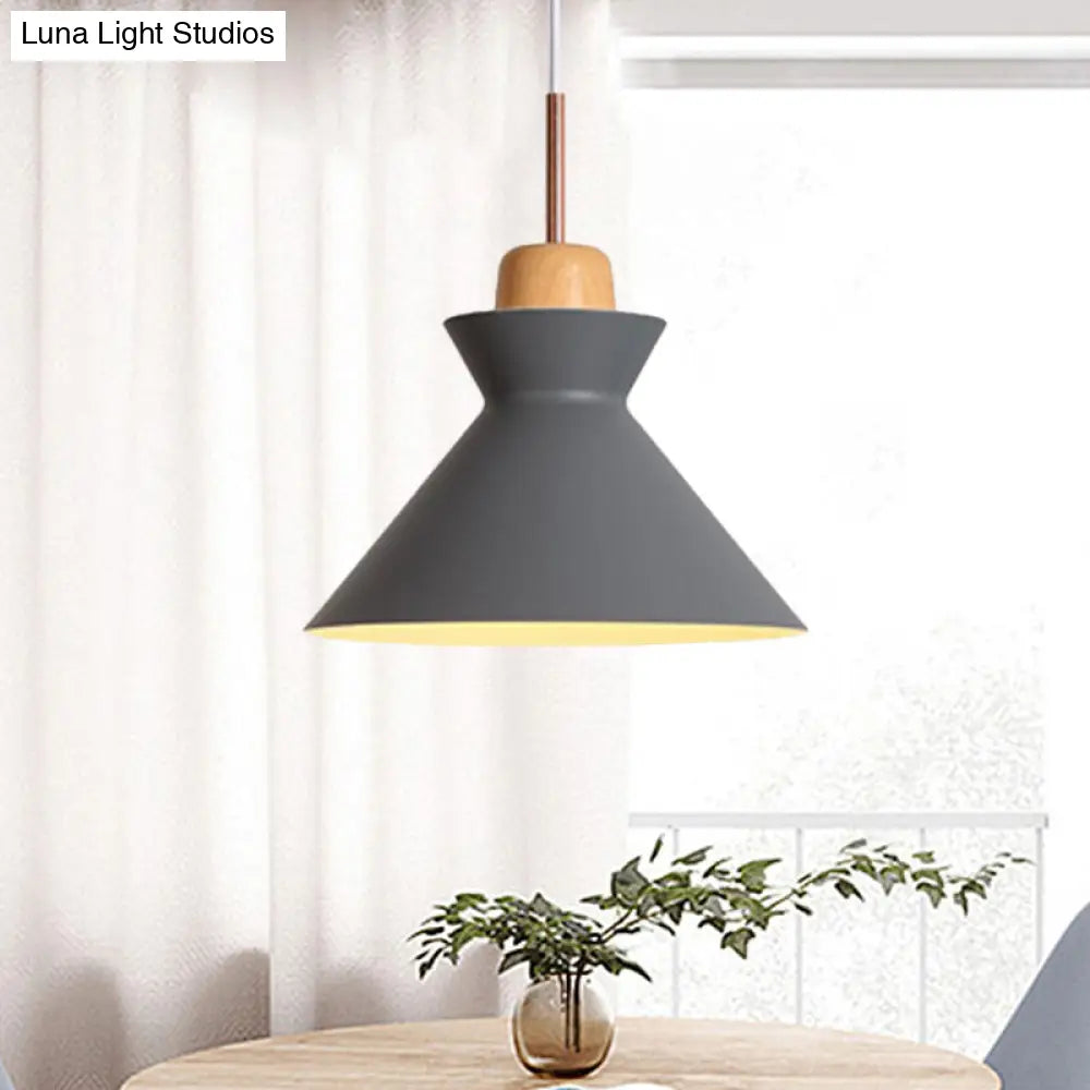 Funnel Suspension Pendant - Grey Nordic Ceiling Lamp With Wood Cork Accent 1 Light Aluminum Design