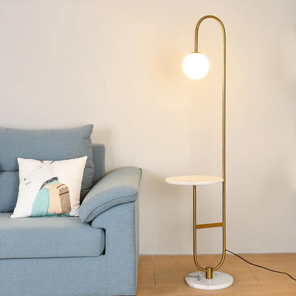 Nordic Glass Ball Floor Lamp With Tea Table - Milky 1 Head Reading Light Marble