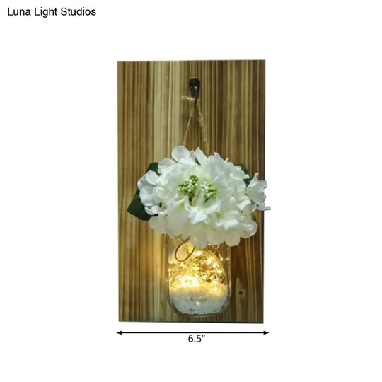 Nordic Glass Jar Flower Wall String Light With Wood Backplate White Twinkle