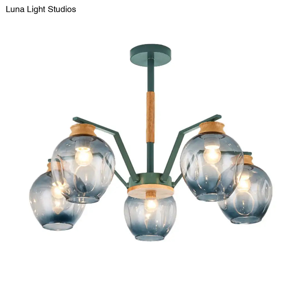 Nordic Globe Chandelier Pendant Light: Dimpled Blown Glass 3/5 Lights Grey/Green Finish