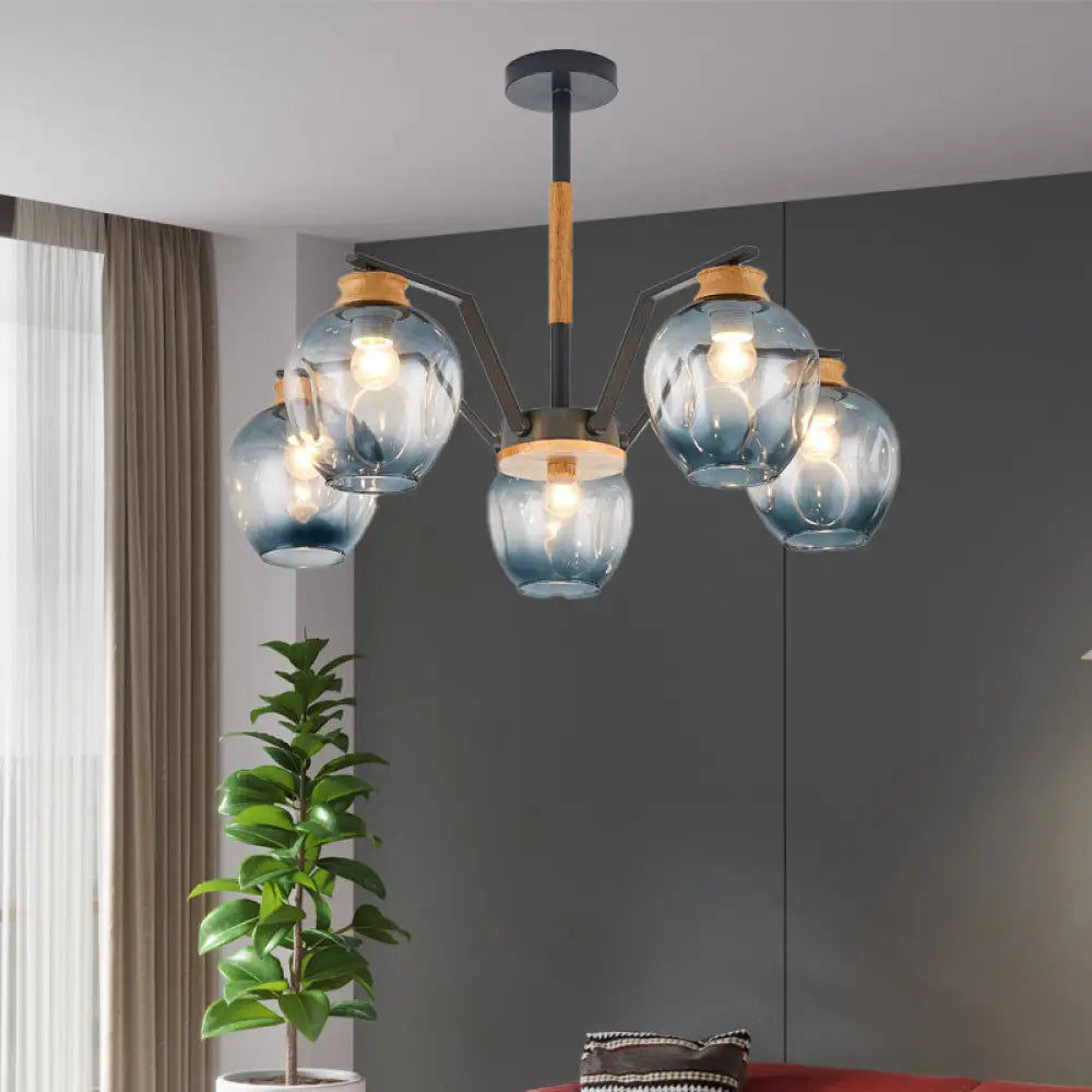 Nordic Globe Chandelier Pendant Light: Dimpled Blown Glass 3/5 Lights Grey/Green Finish 5 / Grey