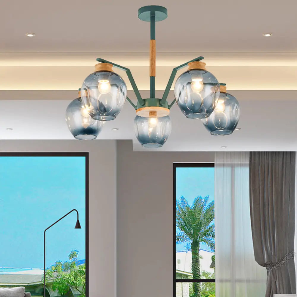 Nordic Globe Chandelier Pendant Light: Dimpled Blown Glass 3/5 Lights Grey/Green Finish 5 / Green