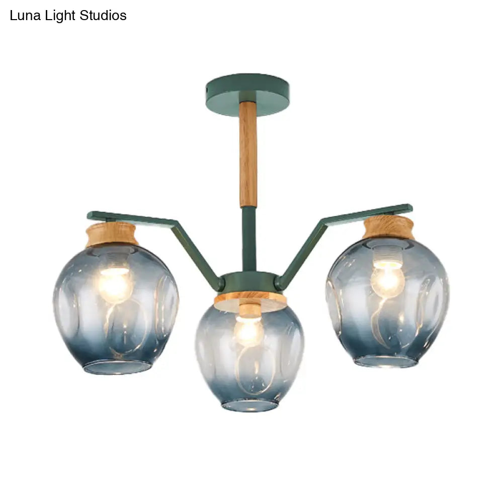 Nordic Globe Chandelier Pendant Light: Dimpled Blown Glass 3/5 Lights Grey/Green Finish