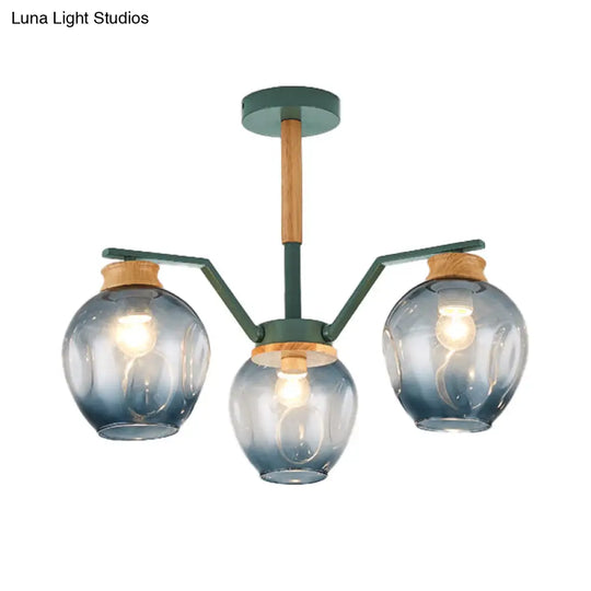 Nordic Globe Chandelier Pendant Light: Dimpled Blown Glass 3/5 Lights Grey/Green Finish