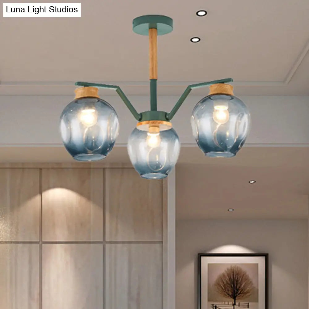 Nordic Globe Chandelier Pendant Light: Dimpled Blown Glass 3/5 Lights Grey/Green Finish