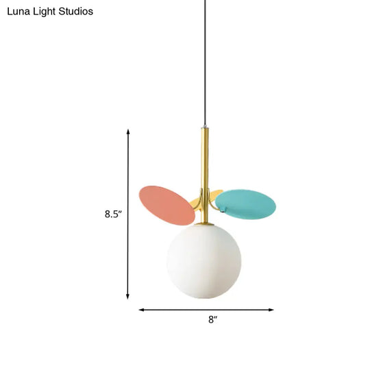 Nordic Globe Suspension Light - White Glass 1-Bulb Bedroom Pendant Lamp With Red And Blue Accents