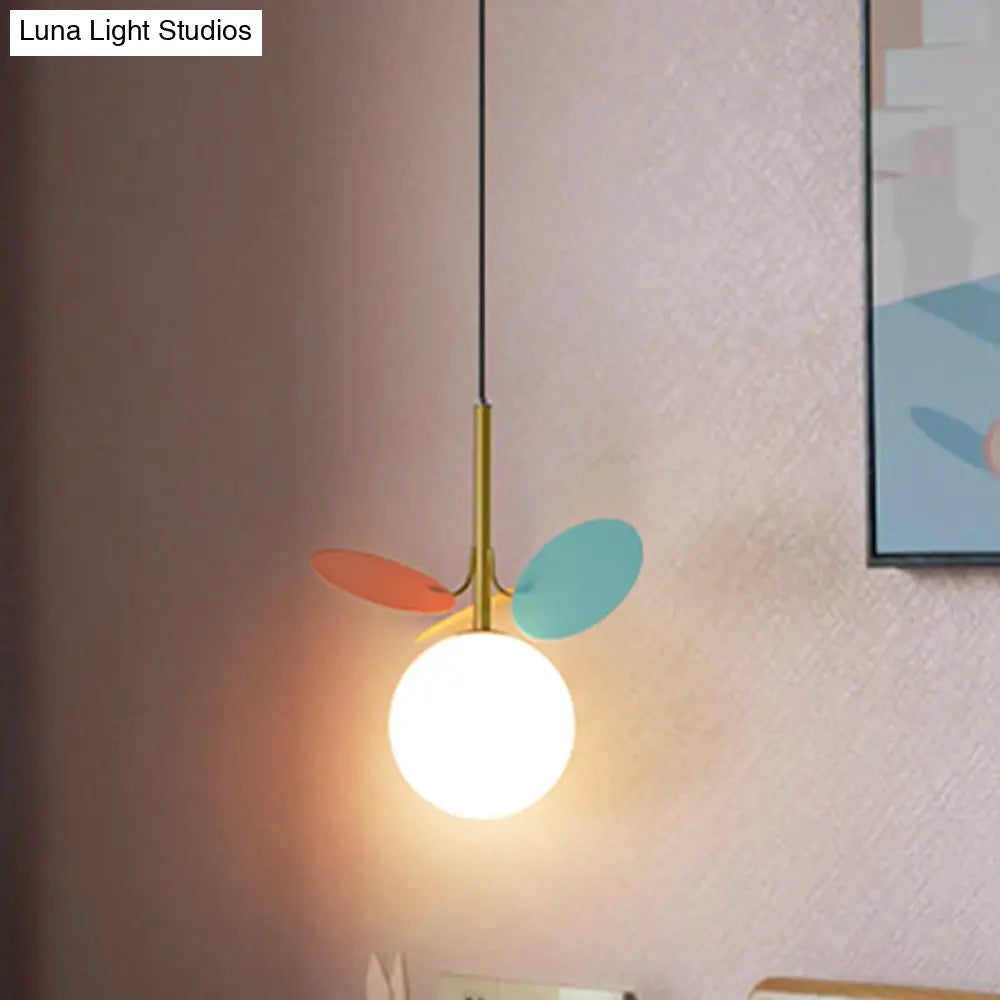 Nordic Globe Suspension Light - White Glass 1-Bulb Bedroom Pendant Lamp With Red And Blue Accents