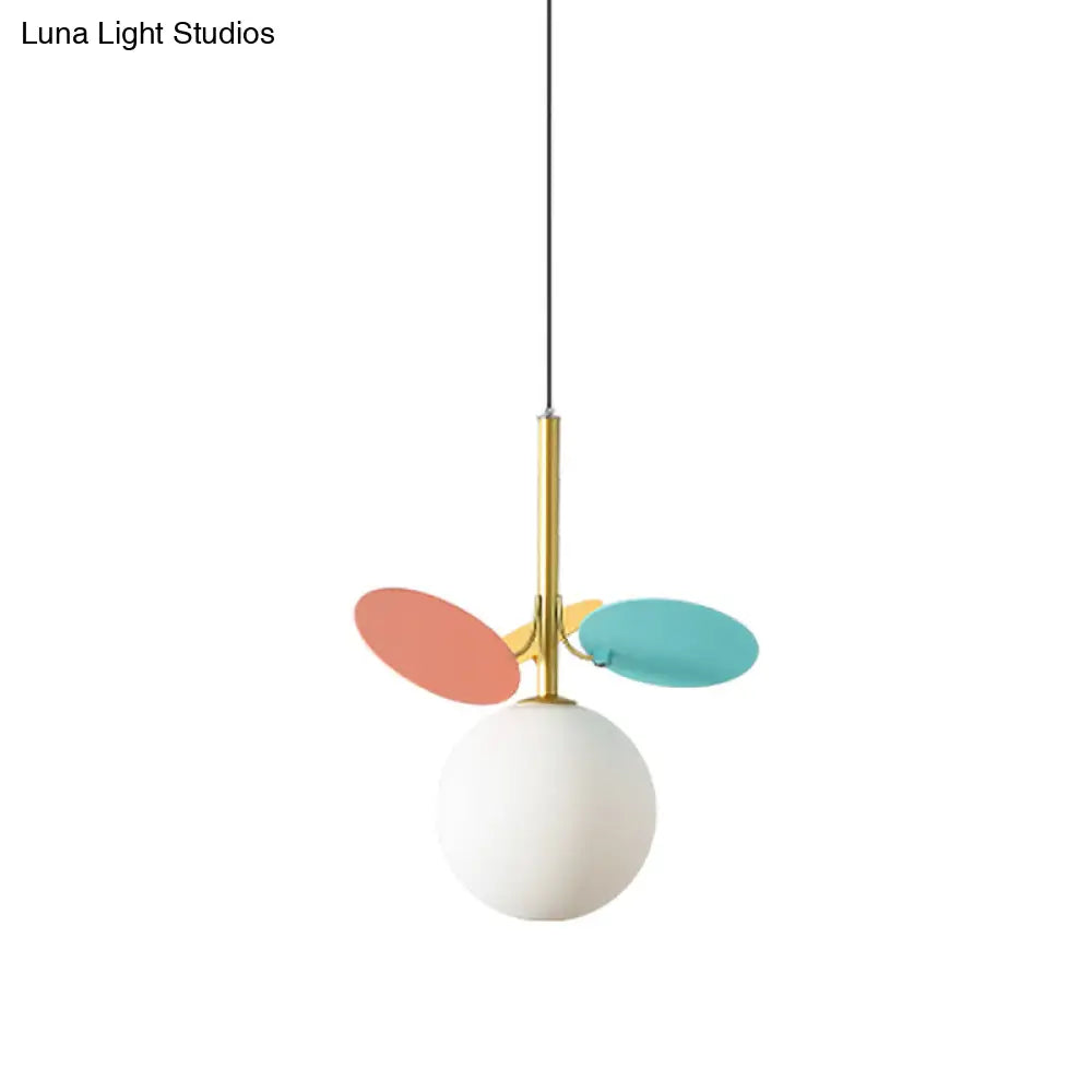 Nordic Globe Suspension Light - White Glass 1-Bulb Bedroom Pendant Lamp With Red And Blue Accents