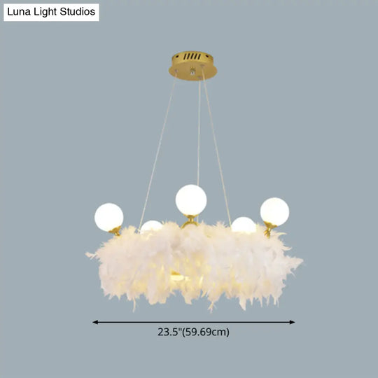 Nordic Gold And White Feather Crown Chandelier For Girls Room - Elegant Suspension Lighting