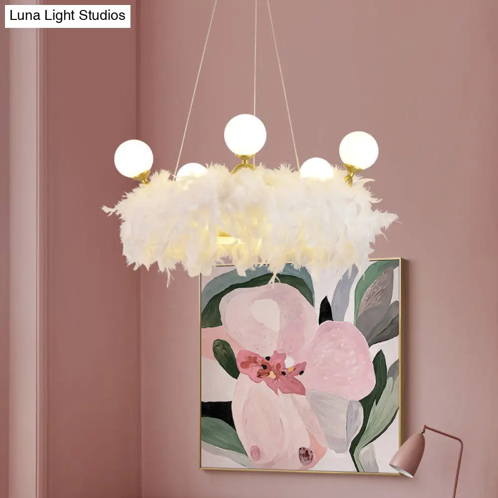 Nordic Gold And White Feather Crown Chandelier For Girls Room - Elegant Suspension Lighting