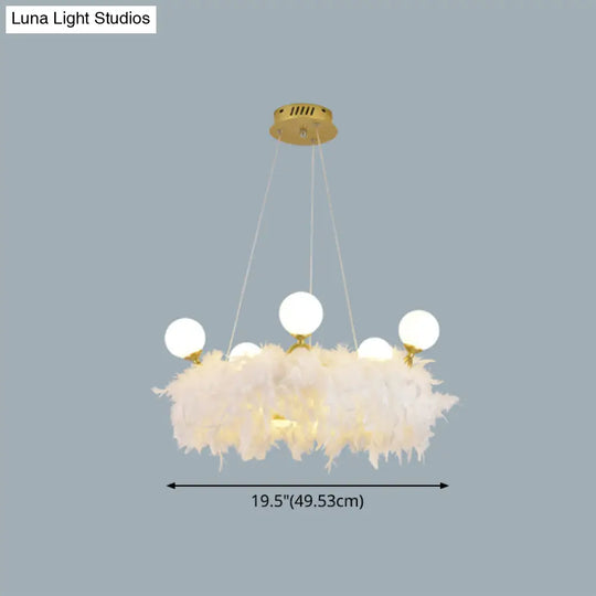 Nordic Gold And White Feather Crown Chandelier For Girls Room - Elegant Suspension Lighting