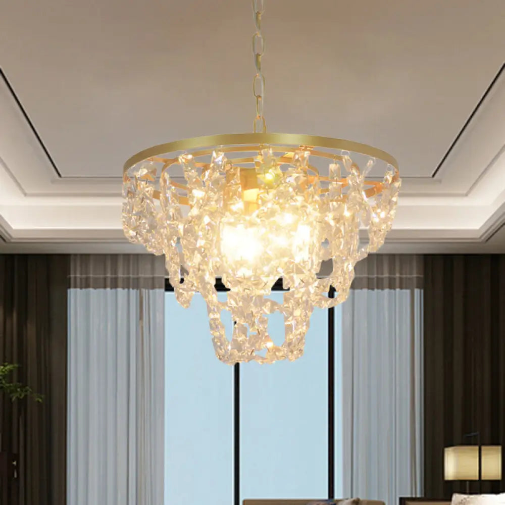 Nordic Gold Chandelier With Beveled Crystal Prisms - Chain Hung Pendant Light 3 Lights