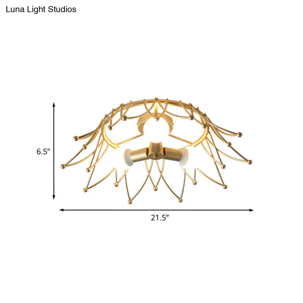 Nordic Gold Crown Shape Flush Mount Light W/ 3 Bulbs & Metal Shade