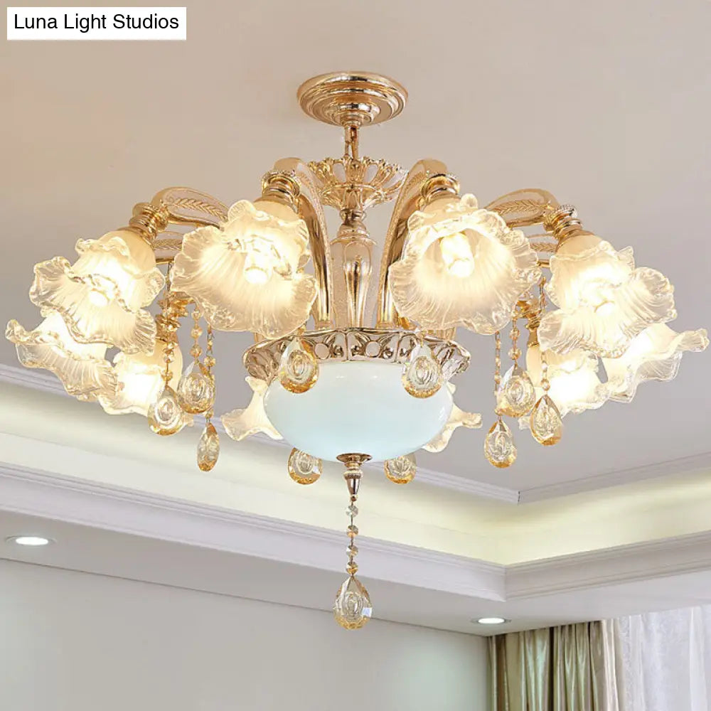 Nordic Gold Flower Chandelier Light Fixture With Frosted Textured Glass Shade - Hanging Lighting 12