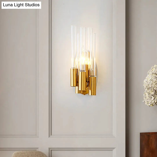 Nordic Gold Tube Wall Mount Sconce Light Fixture - 1 Head Clear Glass Ideal For Living Room