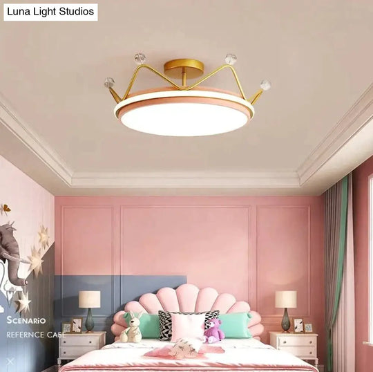Nordic Golden Crown Bedroom Ceiling Lamp 50Cm Pink / Warm Light