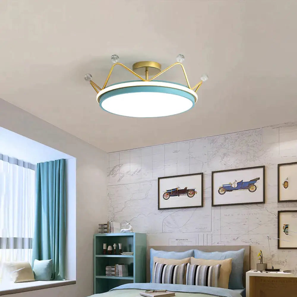 Nordic Golden Crown Bedroom Ceiling Lamp 50Cm Blue / Warm Light