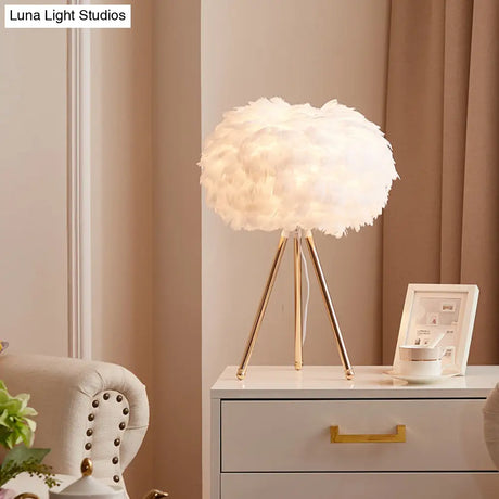 Nordic Goose Feather Sphere Table Lamp With Tripod Stand - Stylish 1-Bulb Night Light