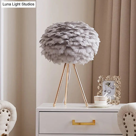 Nordic Goose Feather Sphere Table Lamp With Tripod Stand - Stylish 1-Bulb Night Light