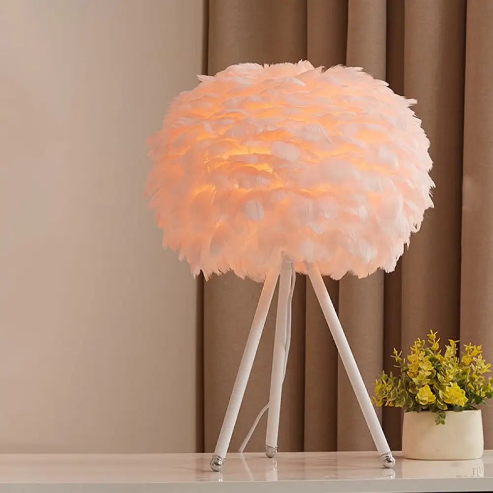 Nordic Goose Feather Sphere Table Lamp With Tripod Stand - Stylish 1-Bulb Night Light White / Pink