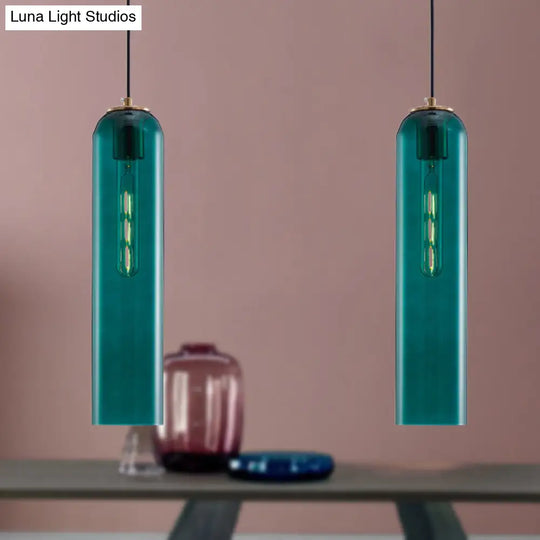 Nordic Green Glass Tubular Pendant Light - Stylish Ceiling Hanging Lamp For Bedroom