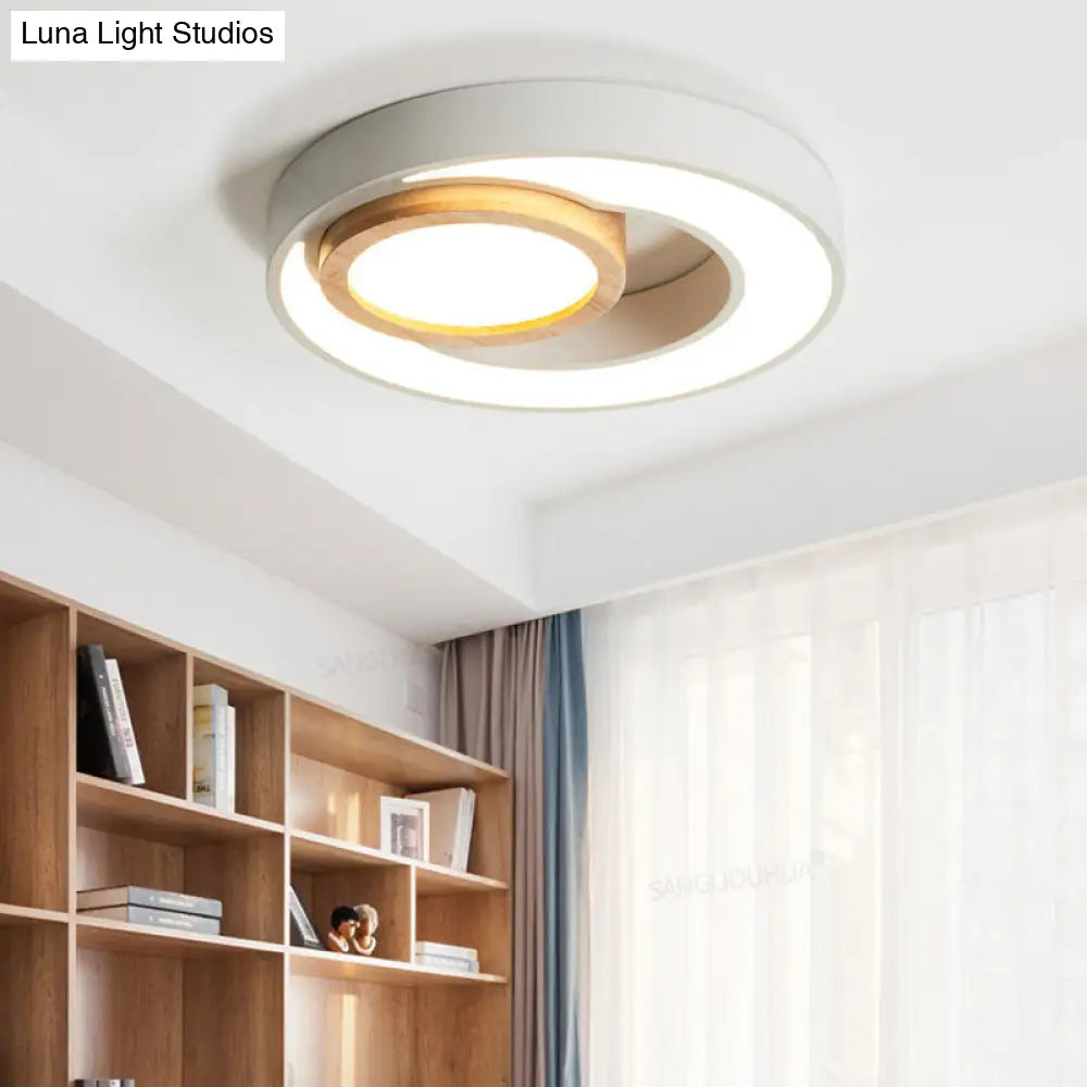 Nordic Green/White/Grey-Wood Led Flush Mount Ceiling Light With Acrylic Double Circles White