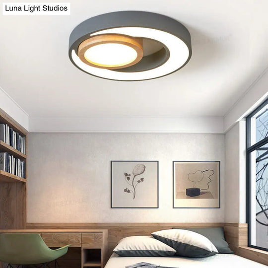 Nordic Green/White/Grey-Wood Led Flush Mount Ceiling Light With Acrylic Double Circles Grey