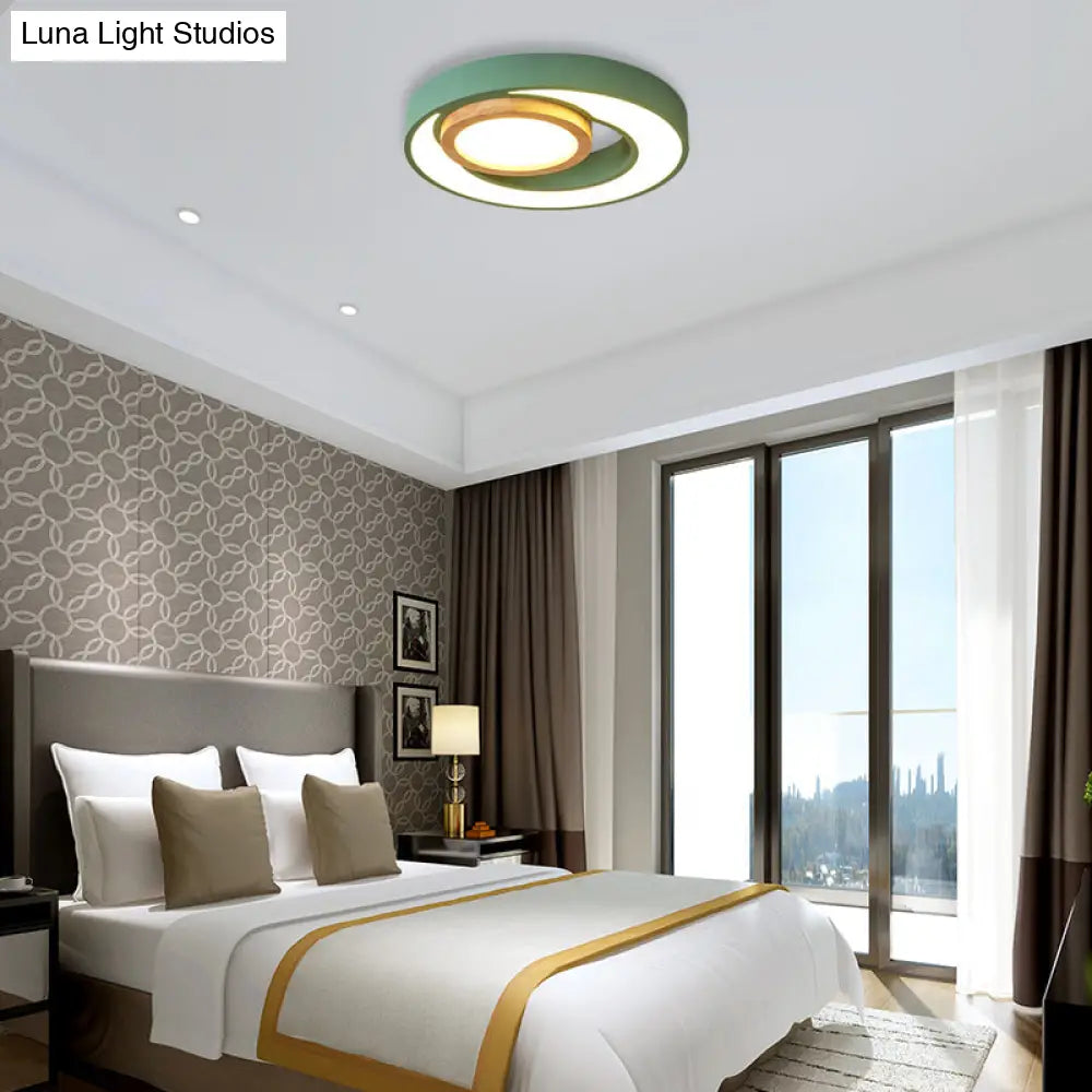 Nordic Green/White/Grey - Wood Led Flush Mount Ceiling Light With Acrylic Double Circles