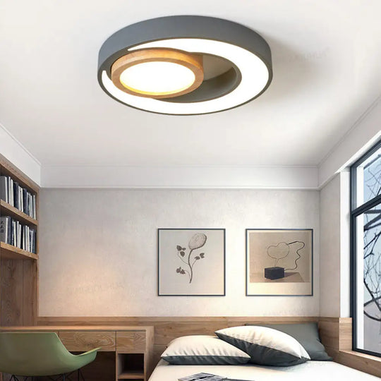 Nordic Green/White/Grey - Wood Led Flush Mount Ceiling Light With Acrylic Double Circles Grey