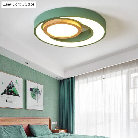 Nordic Green/White/Grey-Wood Led Flush Mount Ceiling Light With Acrylic Double Circles Green