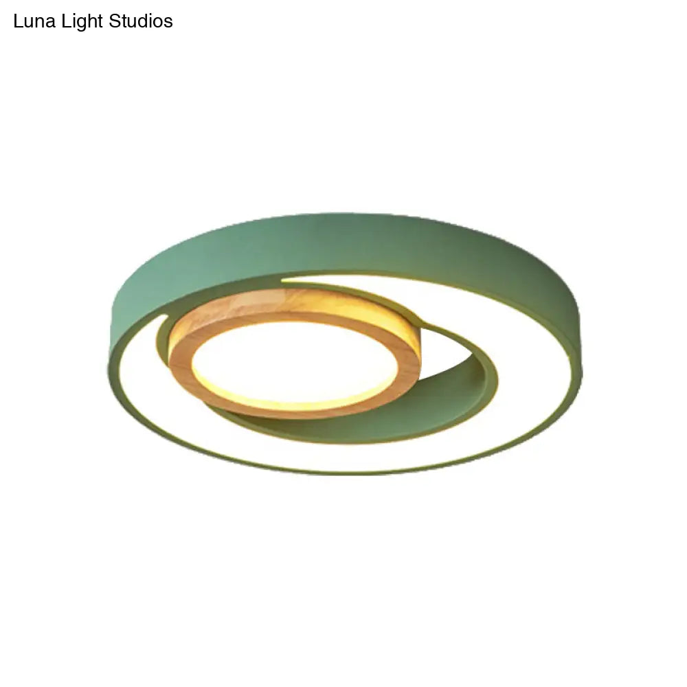Nordic Green/White/Grey-Wood Led Flush Mount Ceiling Light With Acrylic Double Circles
